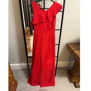 Elegant Red Asymmetrical Ruffle Wide Leg Jumpsuit